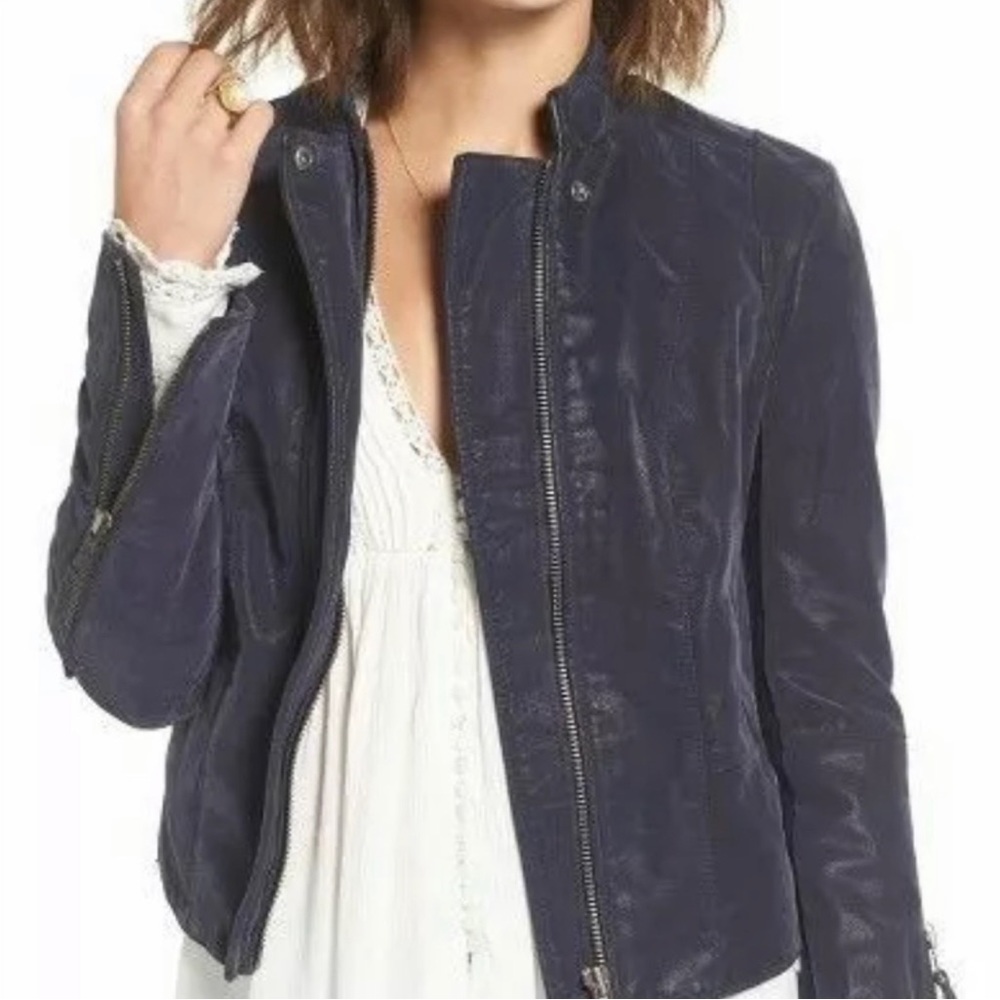 Free People Vegan Leather Blue Suede Moto Jacket Blue Sz 10